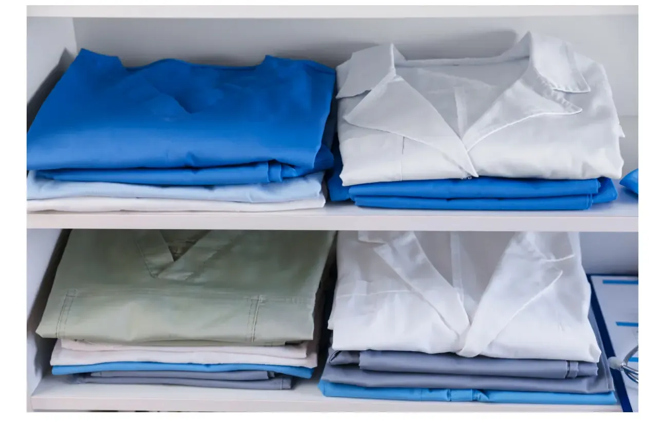 Folded scrub tops and lab coats neatly stacked on a shelf in blue, white, and grey