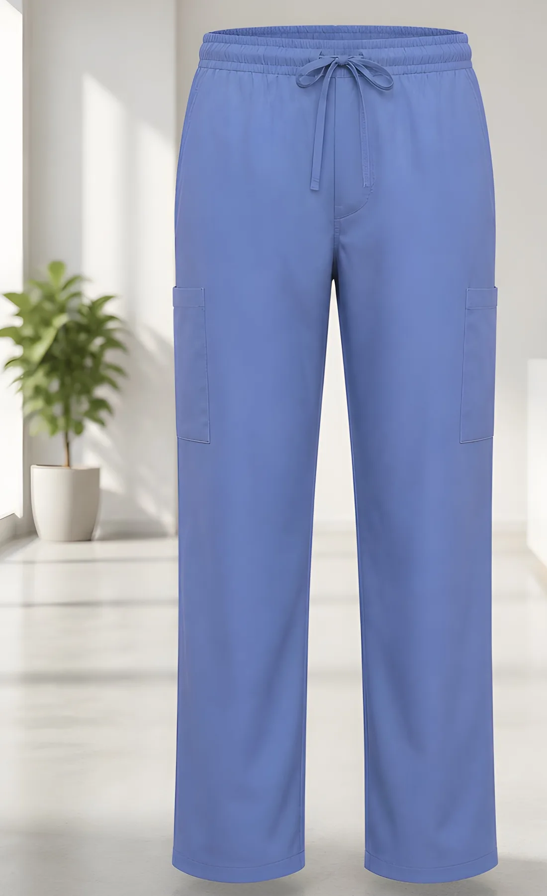Light blue unisex scrub pant with drawstring waist and cargo pockets