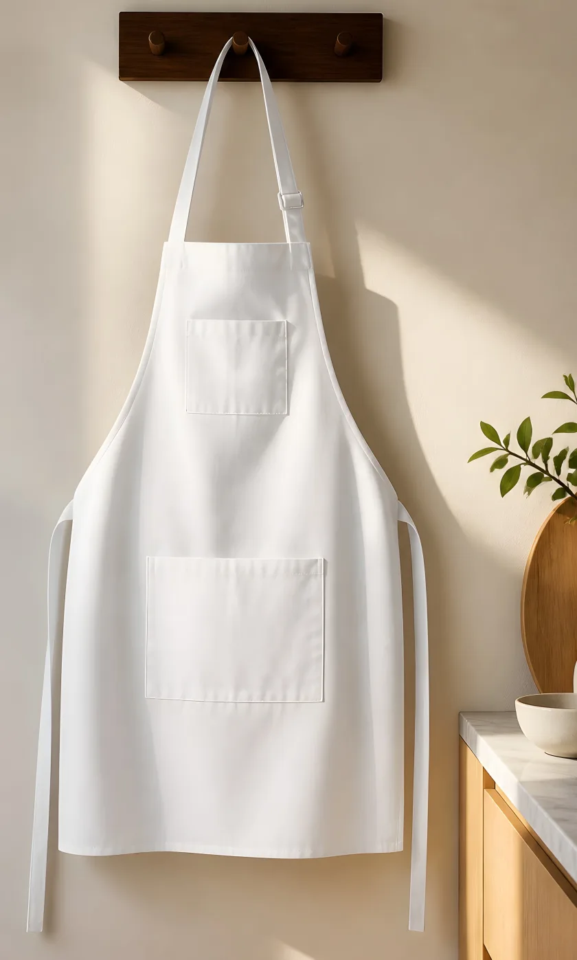 White adjustable apron with chest and waist pockets, hanging on a wall hook
