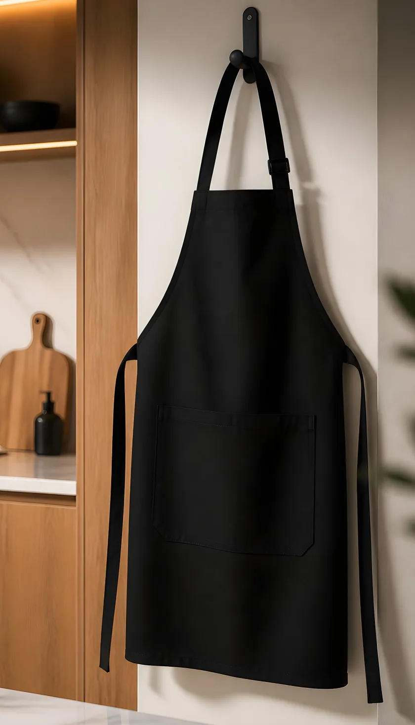 Black adjustable apron with waist pocket, hanging on a wall hook