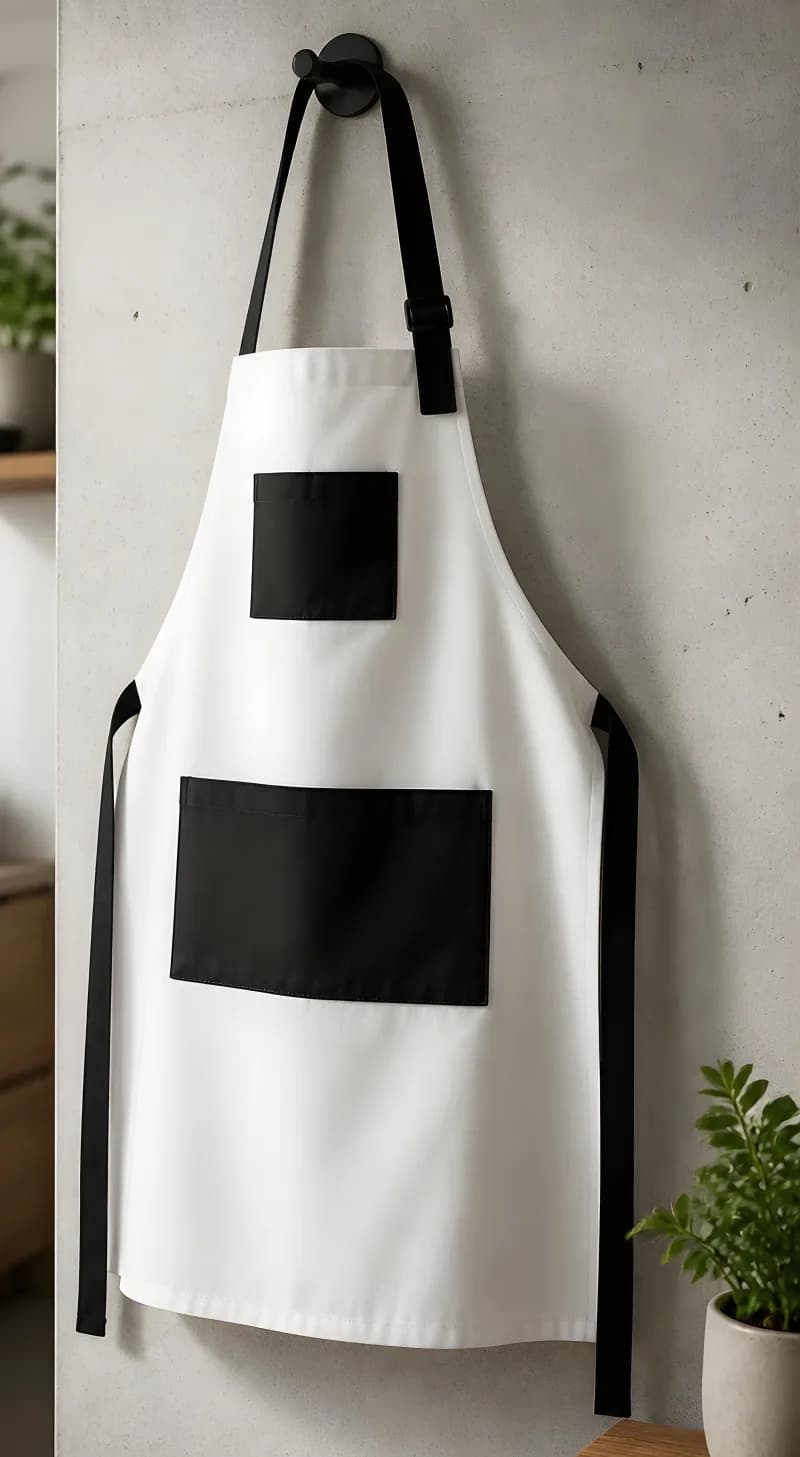 White adjustable apron with black chest pocket, waist pocket, neck strap, and side straps