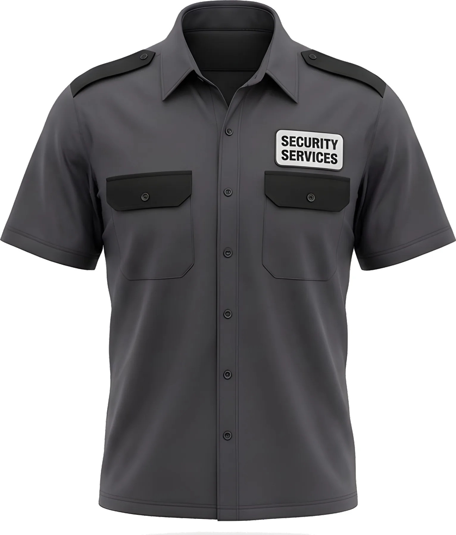 Mens security shirt in Dark Grey/Charcoal with epaulettes and Security Services chest patch